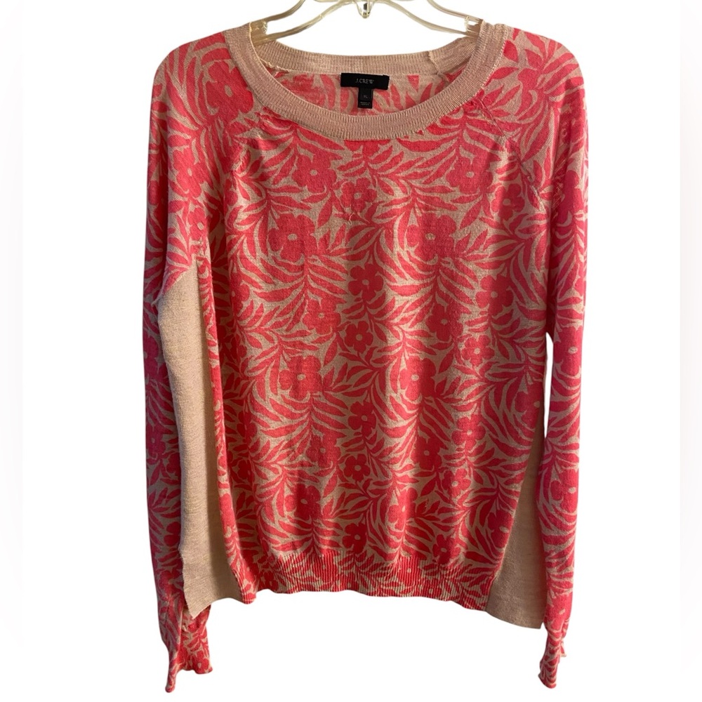 J. Crew Coral Pink Floral Crewneck Sweater with Cream Contrast XL